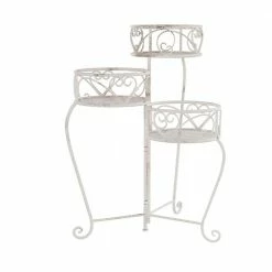 Pure Garden 3-Tier Antique White Metal Decorative Folding Plant Stand Display with Laser Cut Shelves