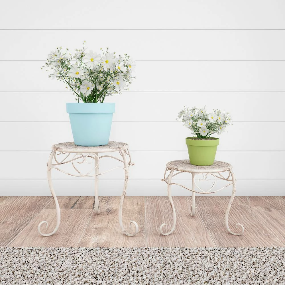 Pure Garden Antique White Metal Decorative Round Nesting Plant Stands (Set of 2) - Image 6