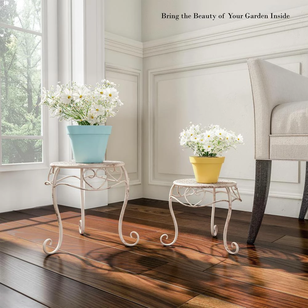 Pure Garden Antique White Metal Decorative Round Nesting Plant Stands (Set of 2) - Image 2