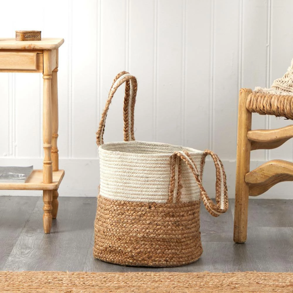 Nearly Natural 14 in. Beige Jute and Natural Cotton Boho Chic Basket Planter with Handles - Image 6