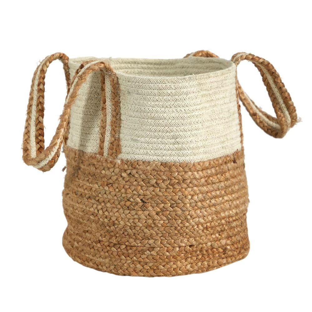 Nearly Natural 14 in. Beige Jute and Natural Cotton Boho Chic Basket Planter with Handles - Image 5