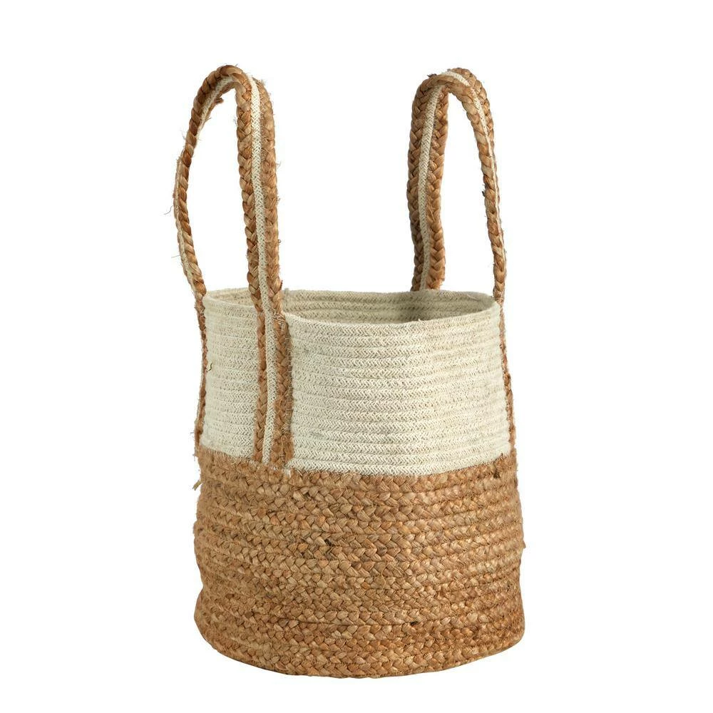 Nearly Natural 14 in. Beige Jute and Natural Cotton Boho Chic Basket Planter with Handles - Image 3