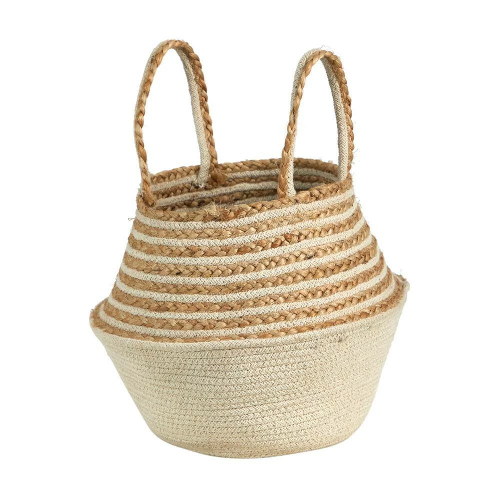 Nearly Natural 14 in. Natural Beige Jute Top and Cream Cotton Bottom Boho Chic Belly Basket Planter with Handles - Image 4