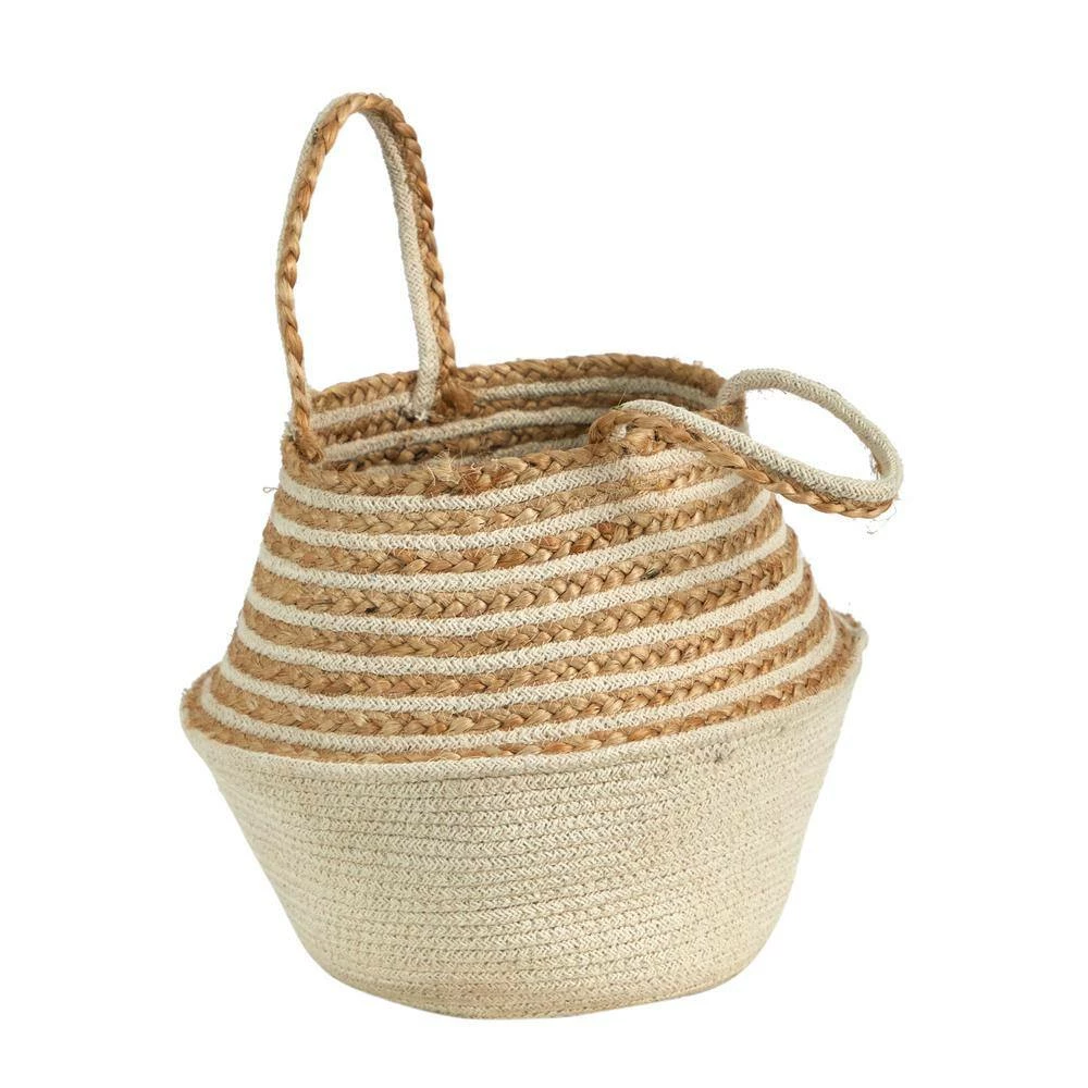 Nearly Natural 14 in. Natural Beige Jute Top and Cream Cotton Bottom Boho Chic Belly Basket Planter with Handles - Image 5
