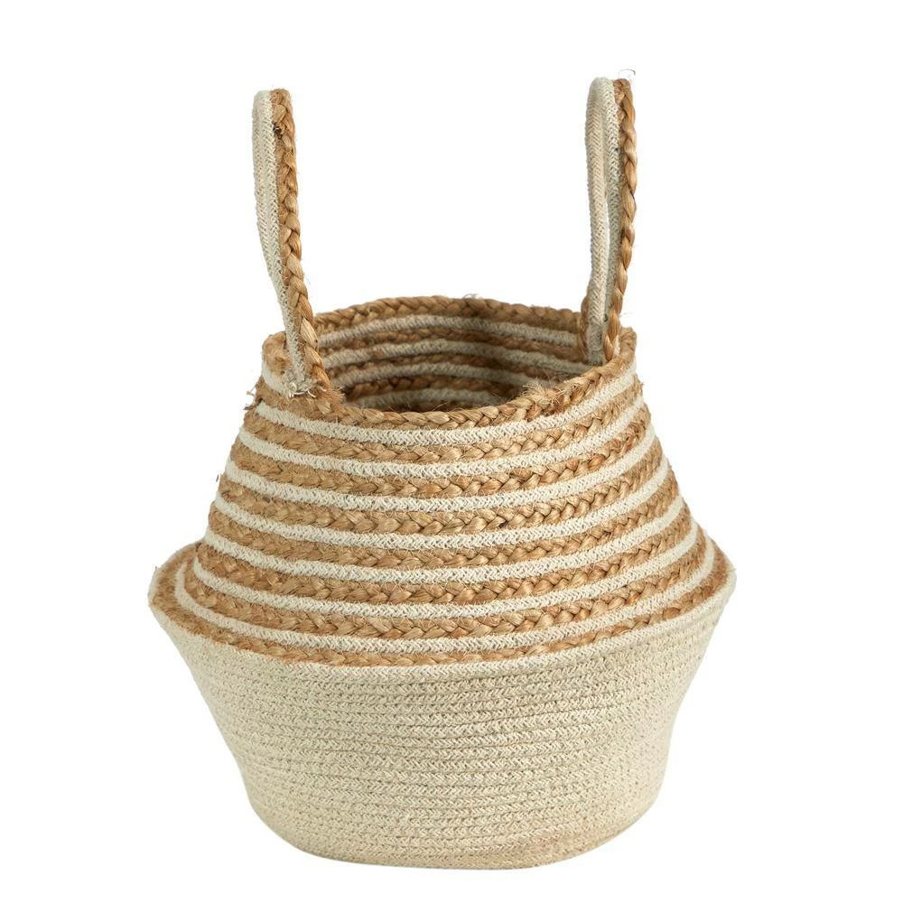 Nearly Natural 14 in. Natural Beige Jute Top and Cream Cotton Bottom Boho Chic Belly Basket Planter with Handles - Image 3