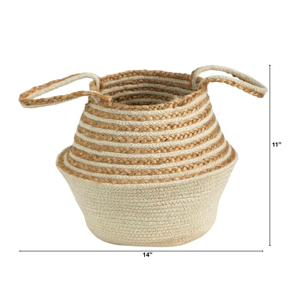 Nearly Natural 14 in. Natural Beige Jute Top and Cream Cotton Bottom Boho Chic Belly Basket Planter with Handles - Image 2