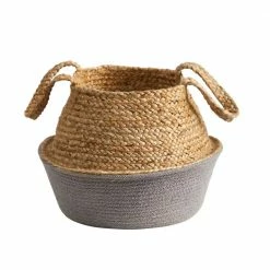 Nearly Natural 14 in. Gray Boho Chic Handmade Cotton and Jute Woven Basket Planter
