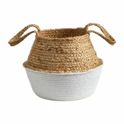 Nearly Natural 14 in. White Boho Chic Handmade Cotton and Jute Woven Basket Planter