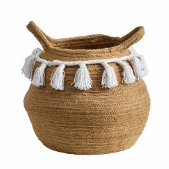 Nearly Natural 11 in. Natural Boho Chic Handmade Cotton Woven Basket Planter with Tassels