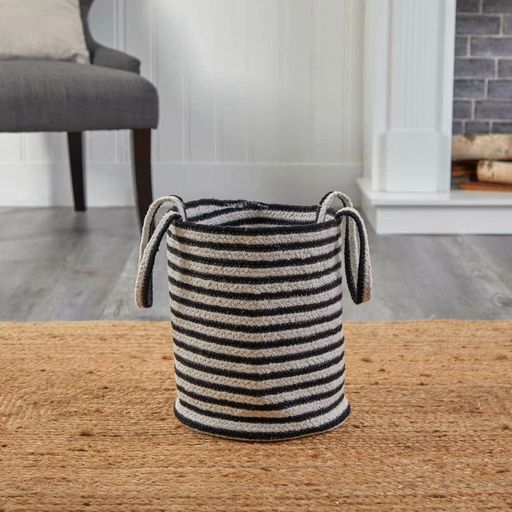 Nearly Natural 13 in. Black and White Stripe Natural Cotton Boho Chic Basket Planter, Handwoven with Handles - Image 3