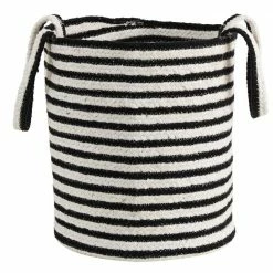 Nearly Natural 13 in. Black and White Stripe Natural Cotton Boho Chic Basket Planter, Handwoven with Handles