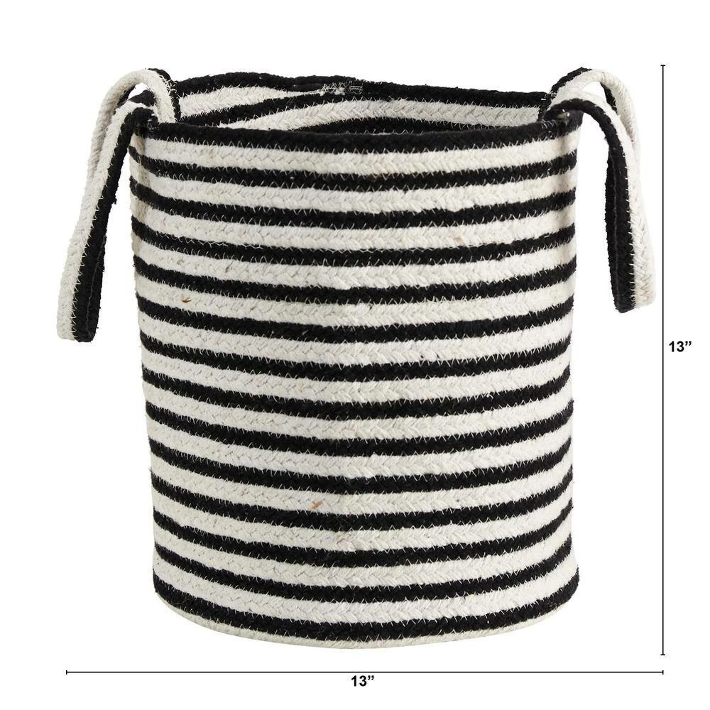 Nearly Natural 13 in. Black and White Stripe Natural Cotton Boho Chic Basket Planter, Handwoven with Handles - Image 2