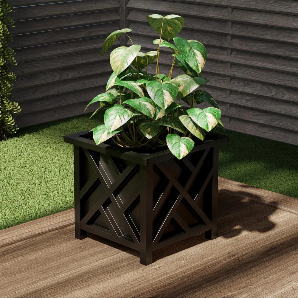 Pure Garden Black Plastic Square Planter Box with Lattice Pattern - Image 2