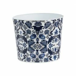 Nearly Natural 12 in. Oriental Blue and White Classic Round Metal Planter