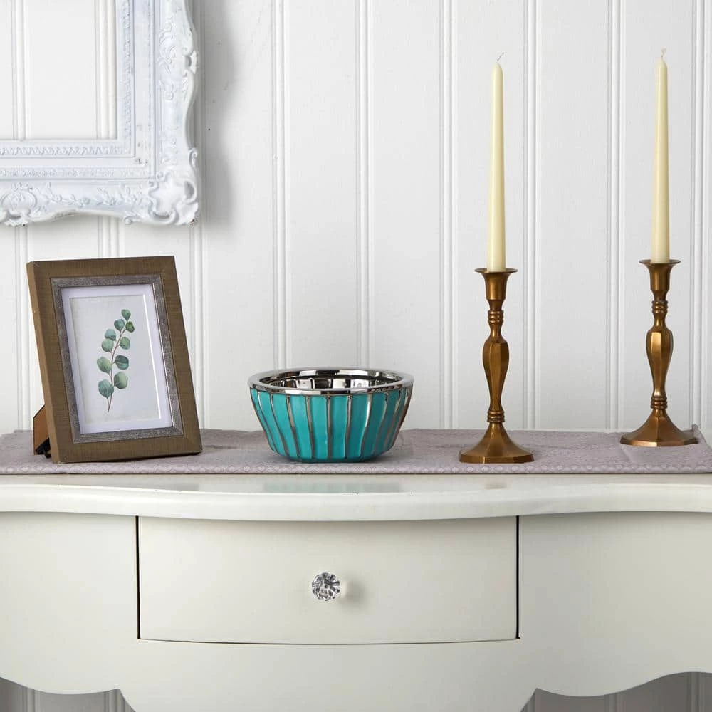 Nearly Natural 7.25 in. Ceramic Teal Vase with Silver Burnishing - Image 3