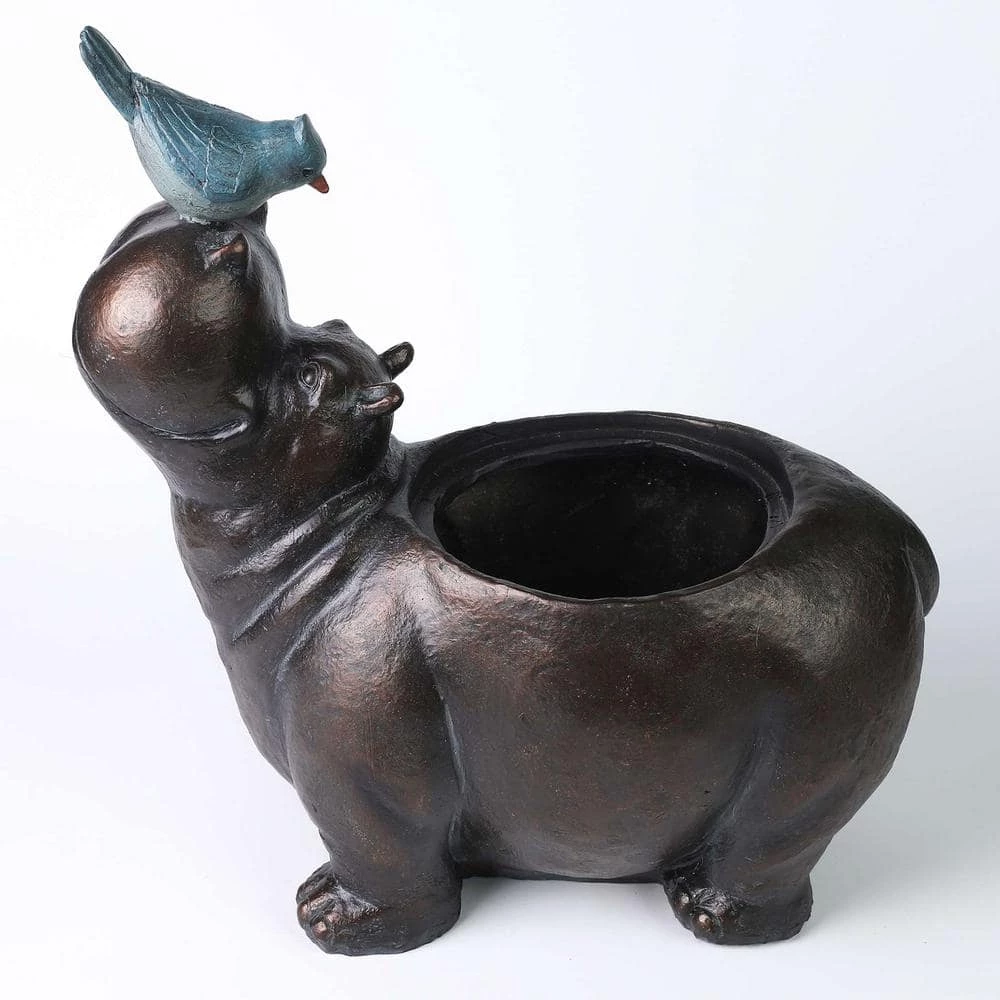 Luxen Home Brown Hippo and Blue Bird MgO Resin Flower Pot Planter - Image 7