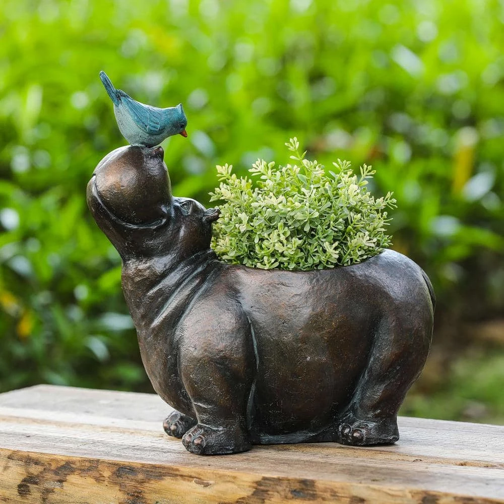 Luxen Home Brown Hippo and Blue Bird MgO Resin Flower Pot Planter - Image 6