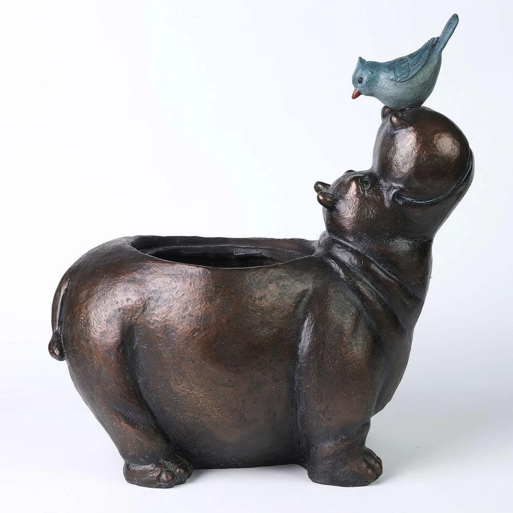 Luxen Home Brown Hippo and Blue Bird MgO Resin Flower Pot Planter - Image 4