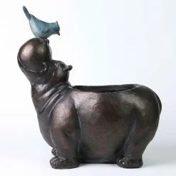 Luxen Home Brown Hippo and Blue Bird MgO Resin Flower Pot Planter