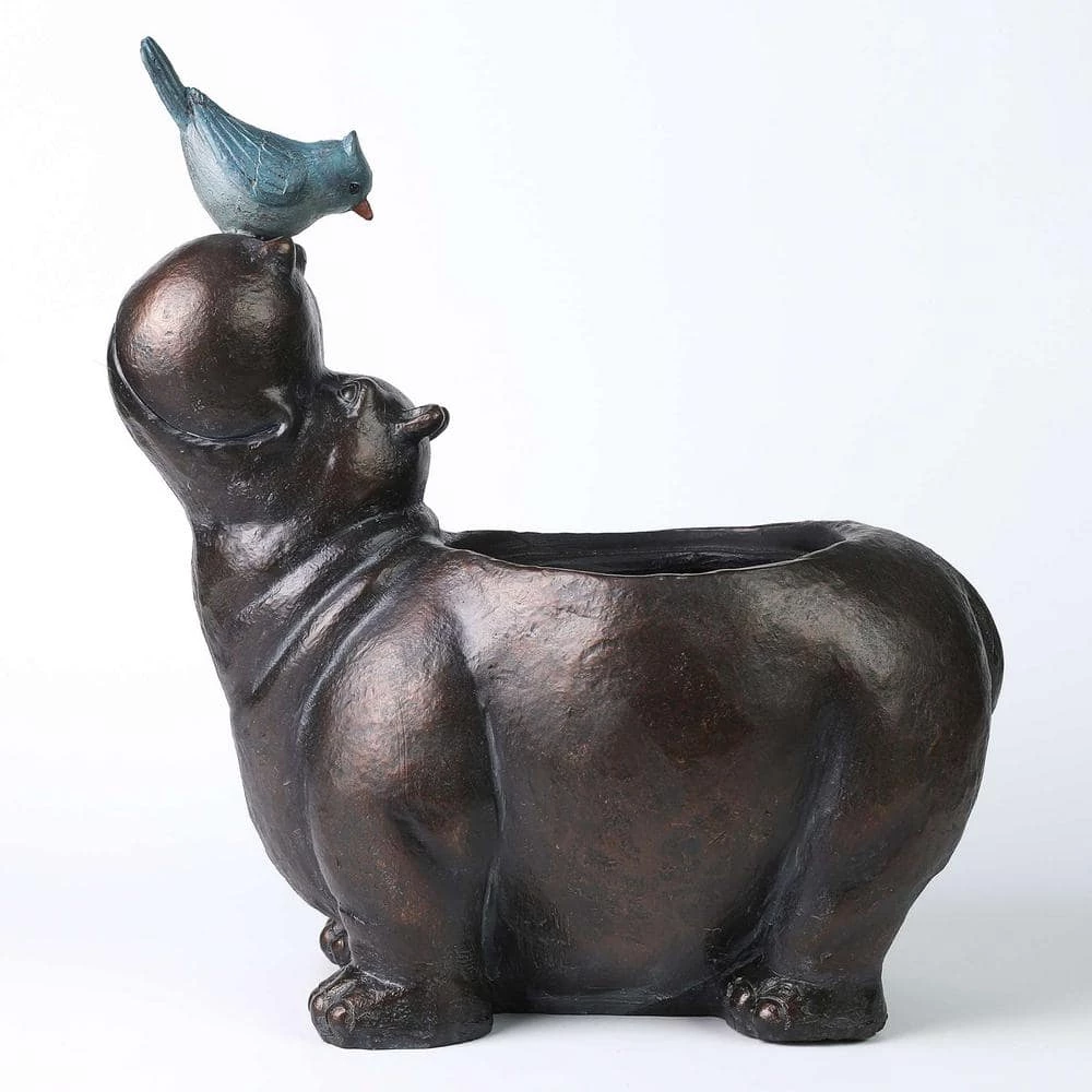 Luxen Home Brown Hippo and Blue Bird MgO Resin Flower Pot Planter