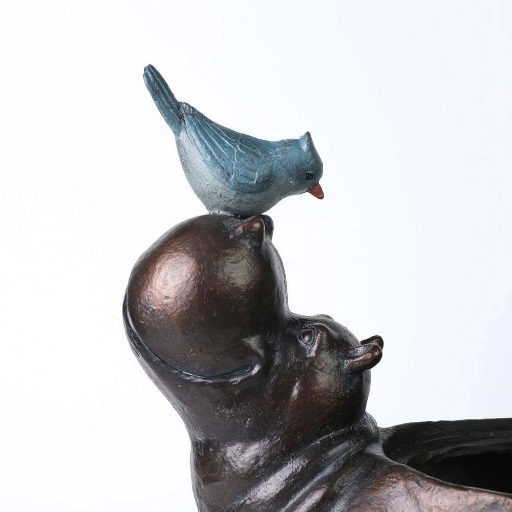 Luxen Home Brown Hippo and Blue Bird MgO Resin Flower Pot Planter - Image 3