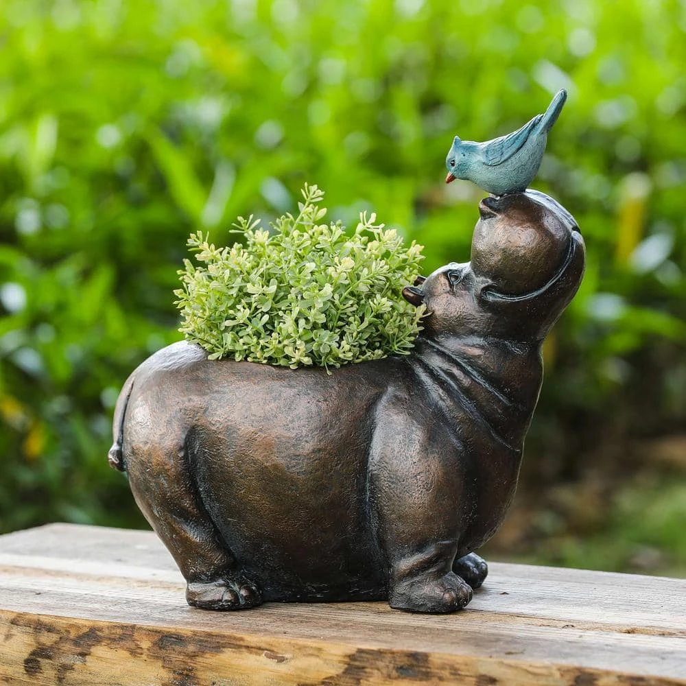 Luxen Home Brown Hippo and Blue Bird MgO Resin Flower Pot Planter - Image 2