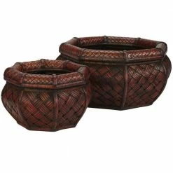 Nearly Natural 7.5 in. H Burgundy Rounded Octagon Decorative Planters (Set of 2)