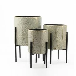 Luxen Home Gray and Gold Metal Planters with Black Stand (3-Piece)