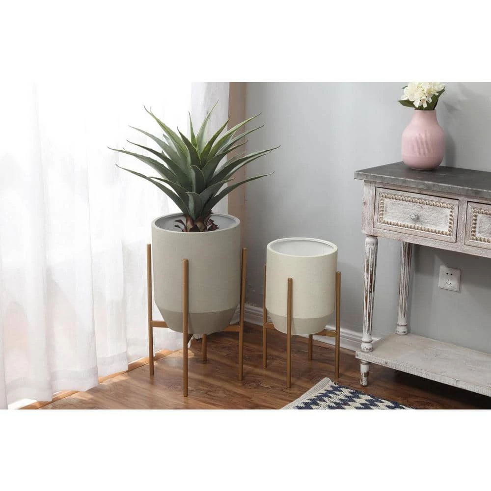 Luxen Home Round Gray and White Iron Planters and Gold Stand (2-Piece) - Image 9