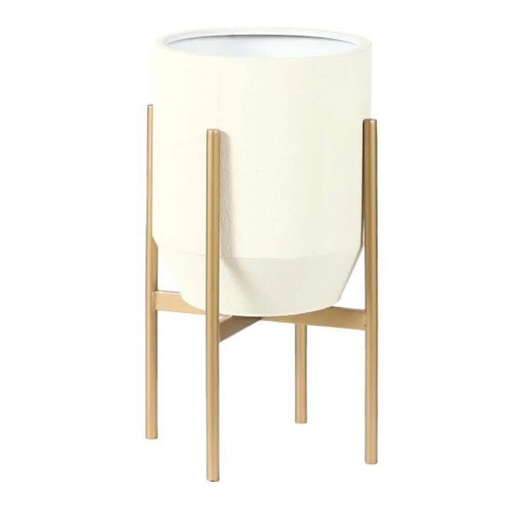 Luxen Home Round Gray and White Iron Planters and Gold Stand (2-Piece) - Image 4