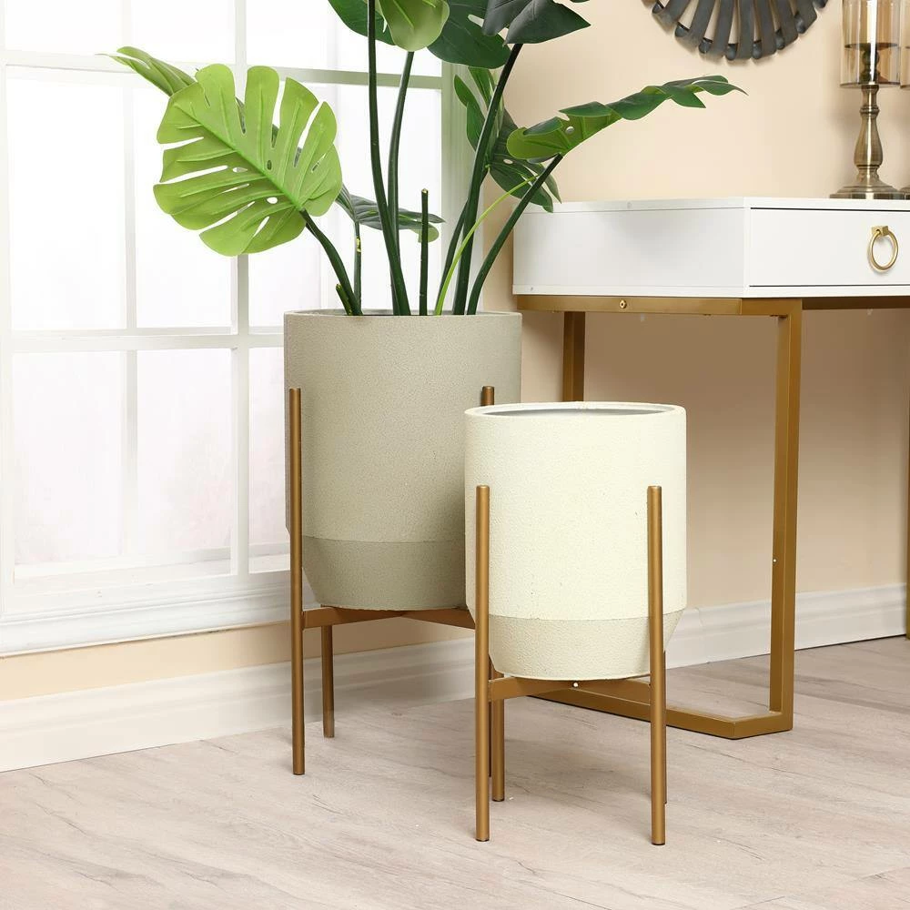 Luxen Home Round Gray and White Iron Planters and Gold Stand (2-Piece) - Image 8