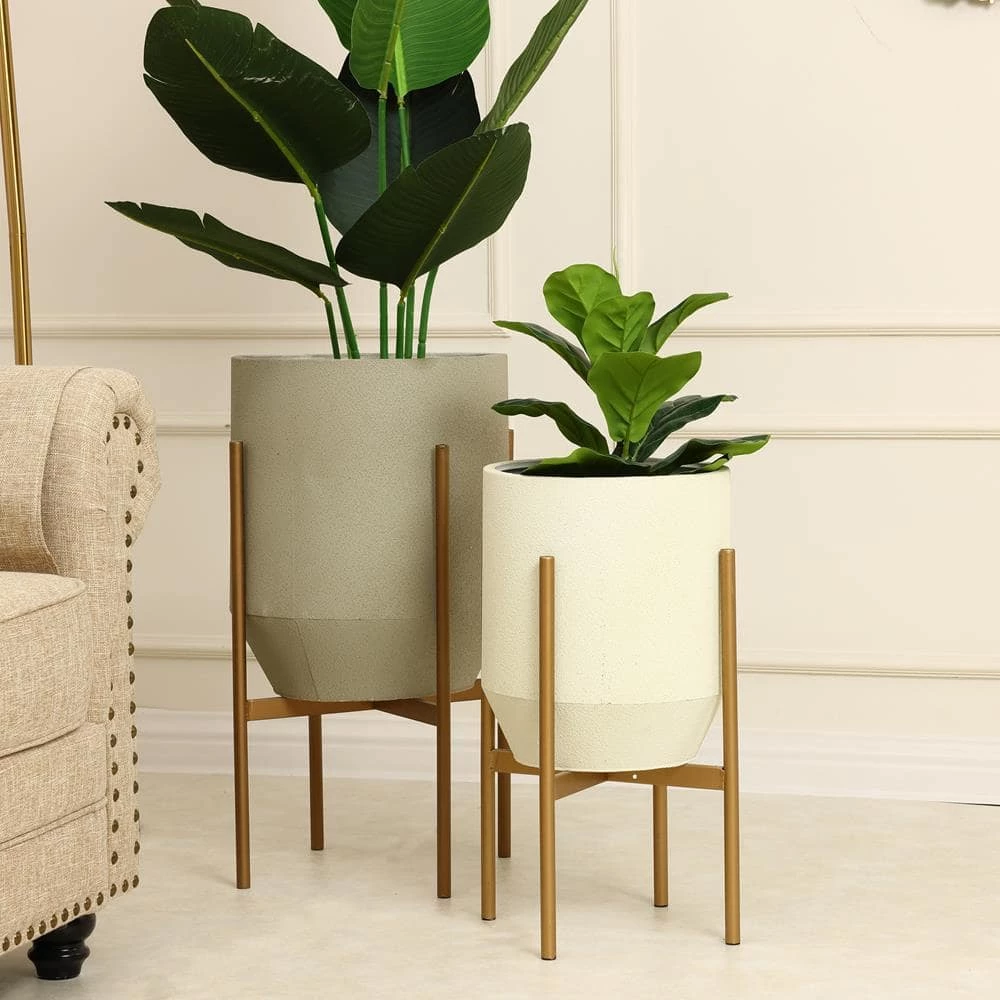 Luxen Home Round Gray and White Iron Planters and Gold Stand (2-Piece) - Image 2