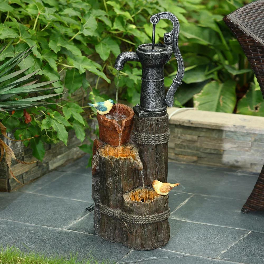 Luxen Home Farmhouse Well and Wood Posts Outdoor Waterfall Fountain with LED Light - Image 12