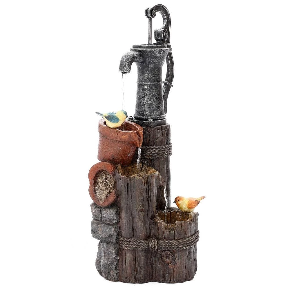 Luxen Home Farmhouse Well and Wood Posts Outdoor Waterfall Fountain with LED Light