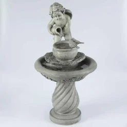 Luxen Home Gray Resin Cherub Birdbath Outdoor Patio Cascade Fountain
