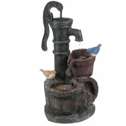 Luxen Home Polyresin Whiskey Barrel and Water Pump Outdoor Patio Cascade Fountain