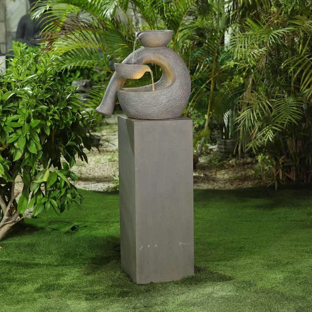 Luxen Home Gray Resin Modern Sculpture Pedestal Outdoor Fountain with LED Light - Image 4