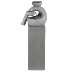 Luxen Home Gray Resin Modern Sculpture Pedestal Outdoor Fountain with LED Light