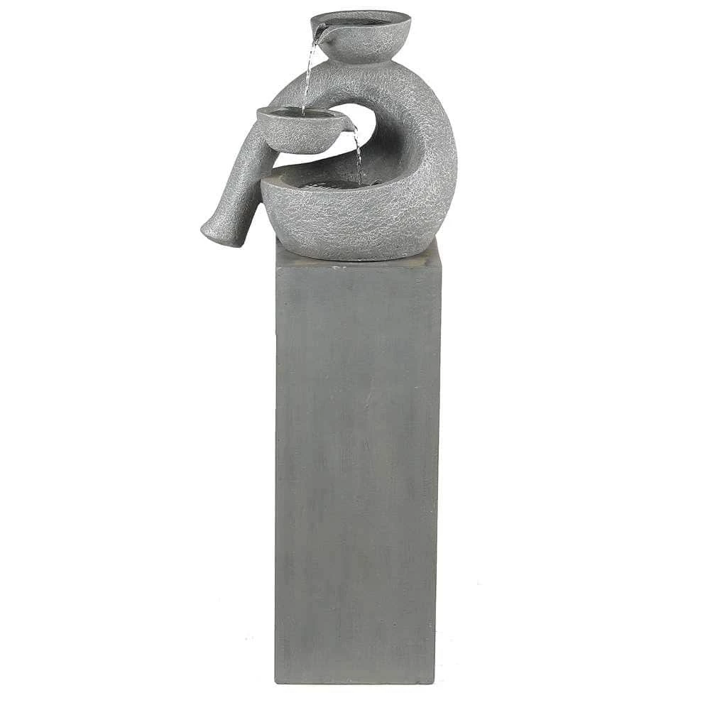 Luxen Home Gray Resin Modern Sculpture Pedestal Outdoor Fountain with LED Light