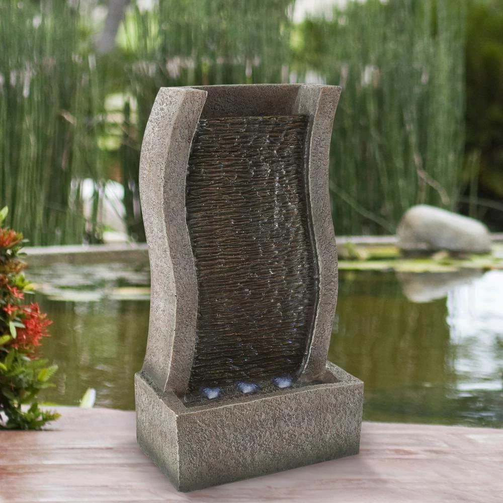 Pure Garden Freestanding Polyresin Stone Wall Waterfall Water Fountain with LED Lights - Image 7