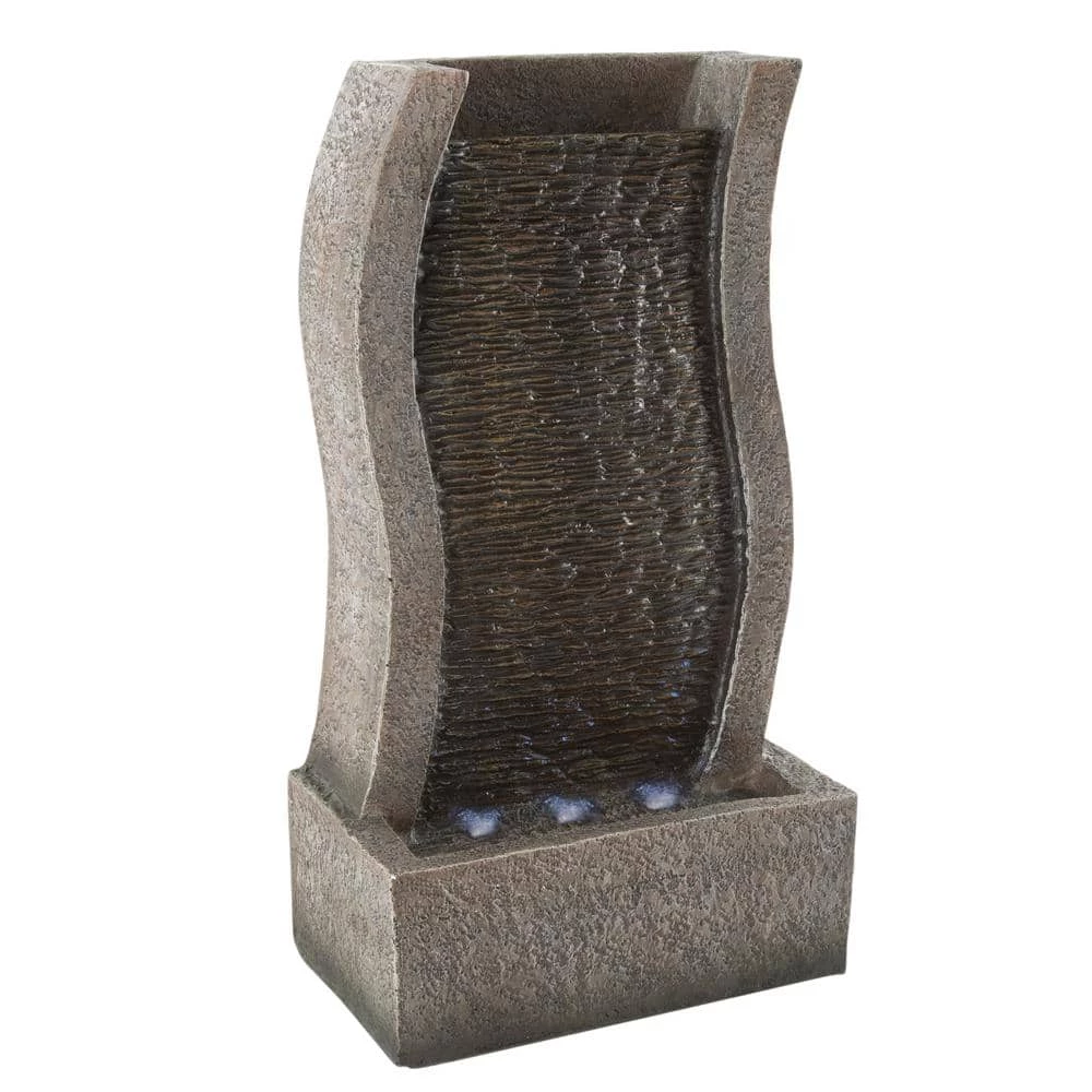 Pure Garden Freestanding Polyresin Stone Wall Waterfall Water Fountain with LED Lights