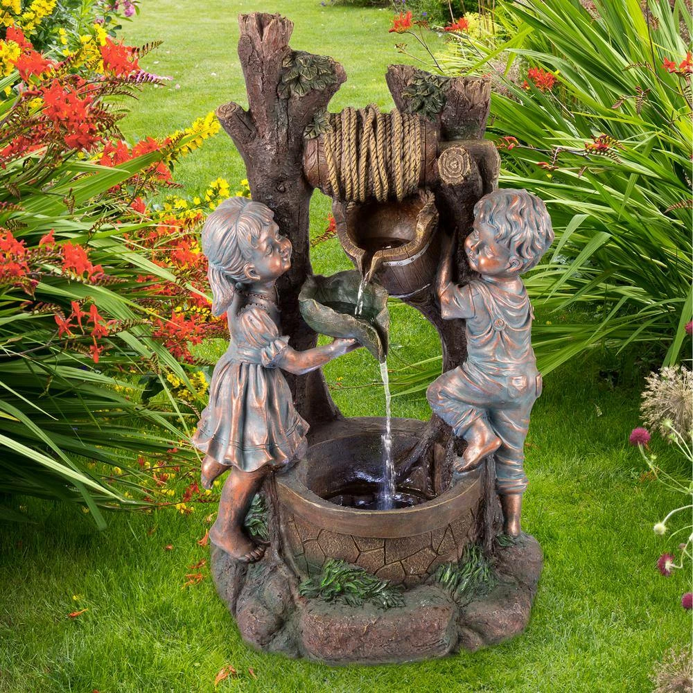 Pure Garden 2-Tier Children at the Well Cascading Water Fountain with LED Lights - Image 7