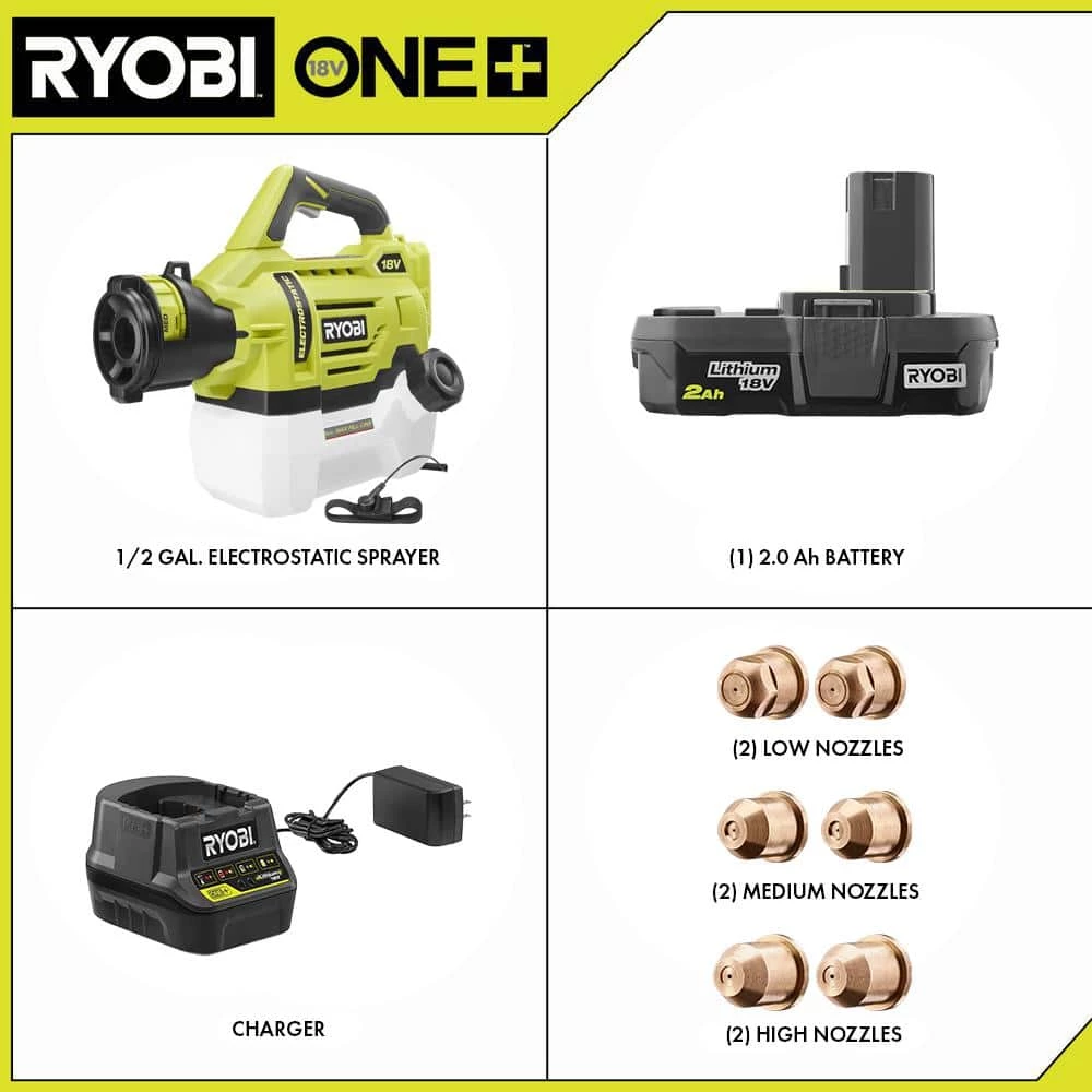 RYOBI ONE+ 18V Cordless Electrostatic 0.5 Gal. Sprayer with Extra Low/Medium/High Nozzles with 2.0 Ah Battery and Charger - Image 2
