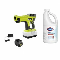 RYOBI ONE+ 18V Cordless Handheld Electrostatic Sprayer Kit with Battery & Charger and Clorox Turbo 64 oz. Disinfectant Cleaner