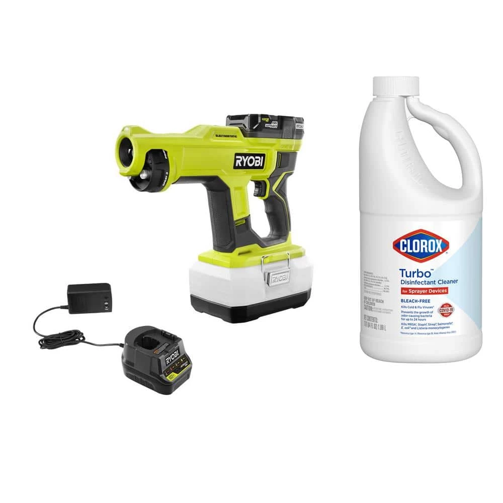 RYOBI ONE+ 18V Cordless Handheld Electrostatic Sprayer Kit with Battery & Charger and Clorox Turbo 64 oz. Disinfectant Cleaner