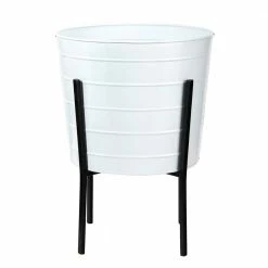 Nearly Natural 16 in. White Metal Farmhouse Ribbed Planter