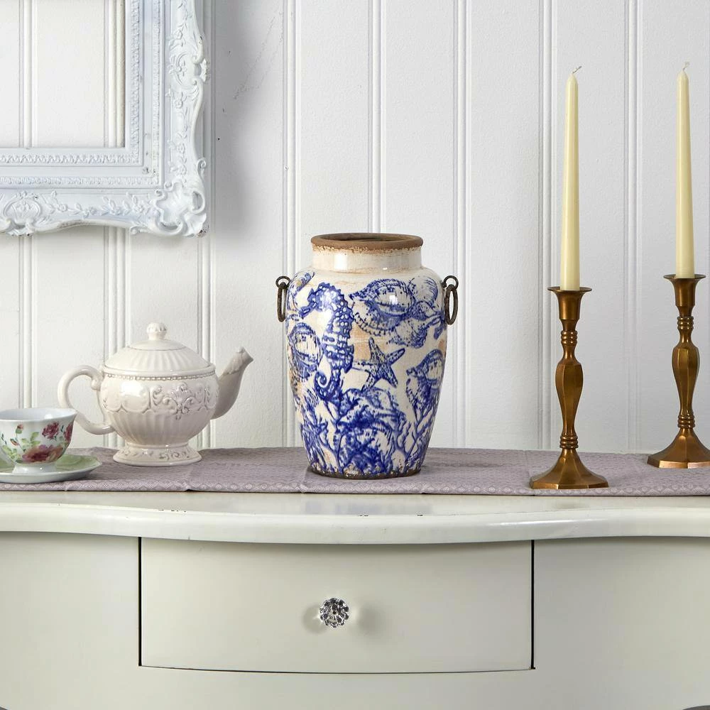 Nearly Natural 10.5 in. Nautical Ceramic Urn Vase - Image 3